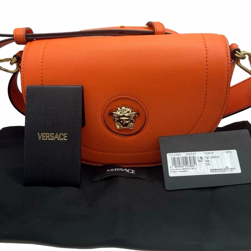 Versace Half-Moon La Medusa Vitello Leather Orange Crossbody Handbag NWT